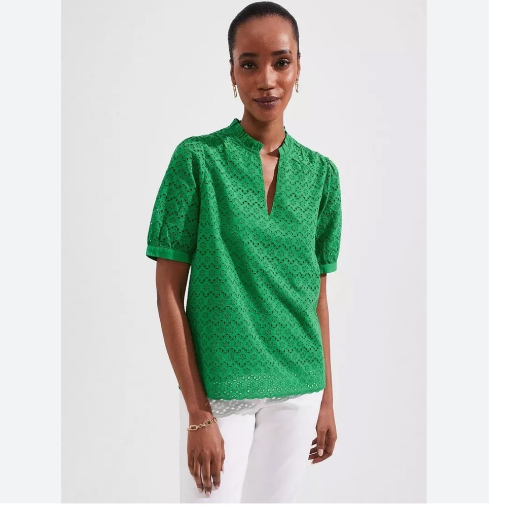 NEW Hobb Ellis Top Kelly Green Preppy Blouse Eyelet Summer Classic Cottage US 8 - Picture 2 of 13